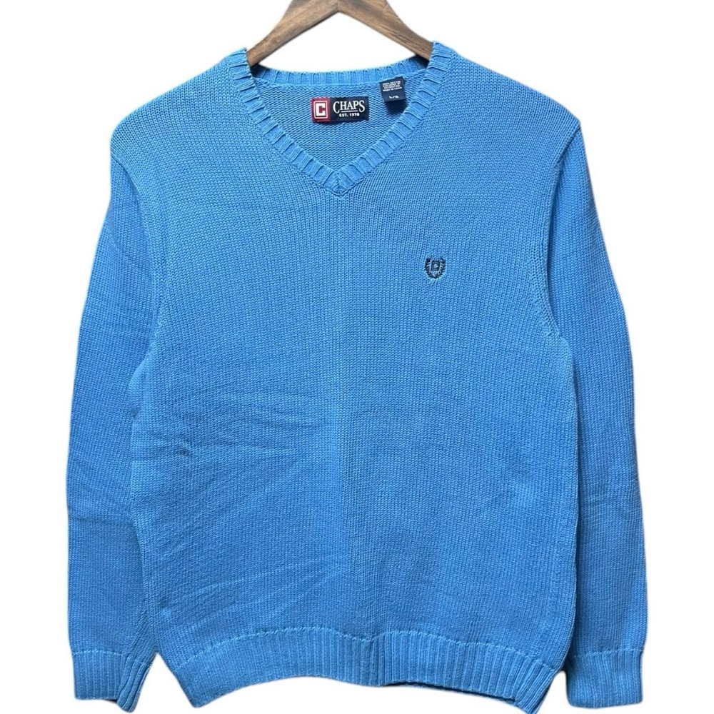 plain blank Blue chaps long sleeve V-neck small chest logo sweater sweatshirt